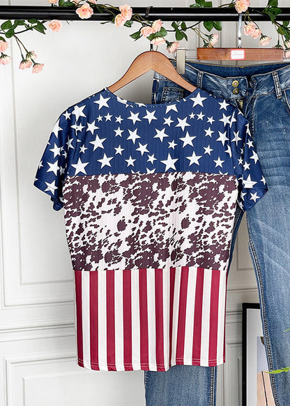 Fine Blue O-neck Patchwork Independence Day Theme Print Tanks Short Sleeve