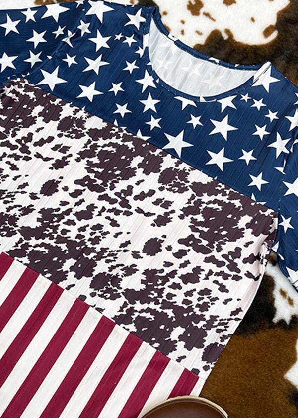 Fine Blue O-neck Patchwork Independence Day Theme Print Tanks Short Sleeve