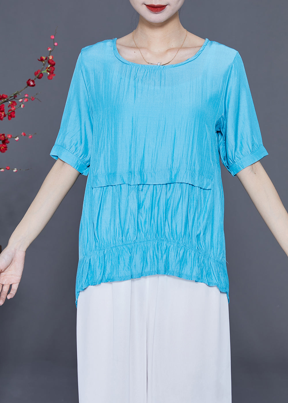 Fine Blue O-neck Patchwork Silk Shirt Tops Summer