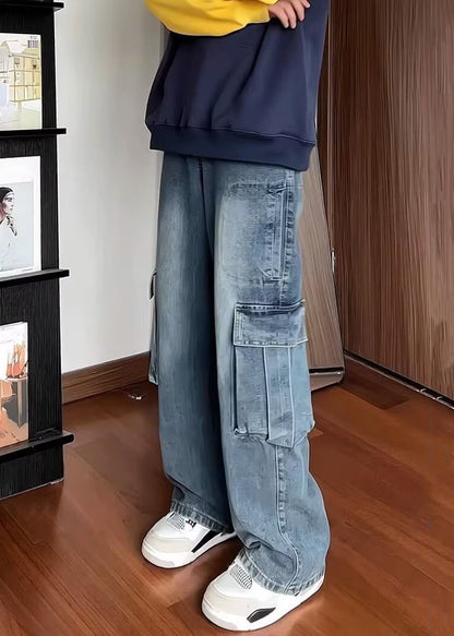 Fine Blue Pockets High Waist Denim Straight Pants Spring