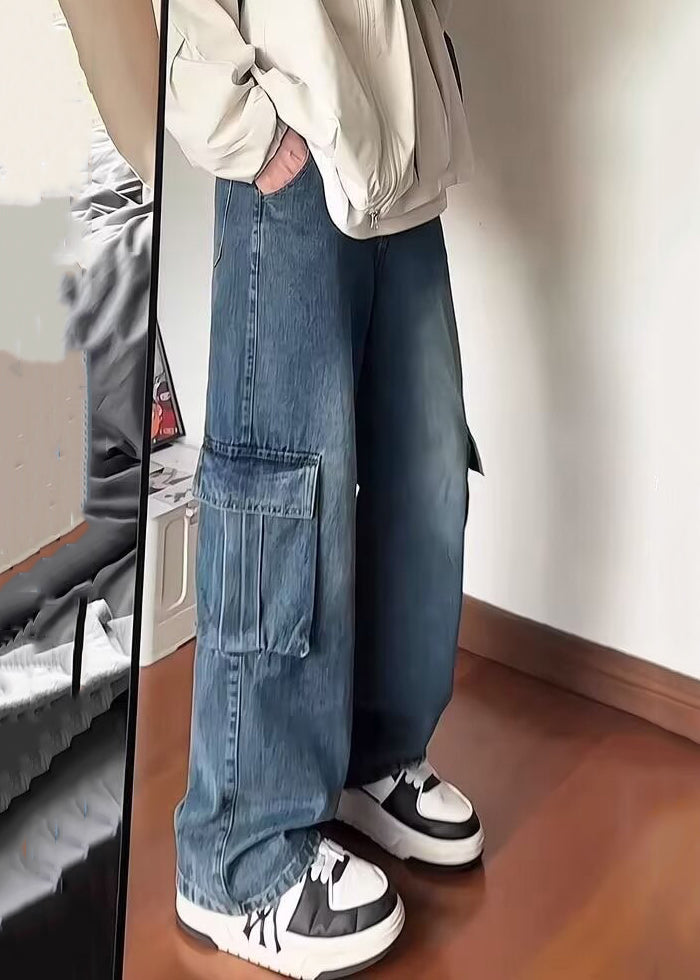 Fine Blue Pockets High Waist Denim Straight Pants Spring