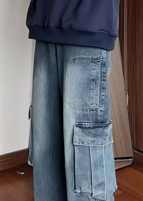 Fine Blue Pockets High Waist Denim Straight Pants Spring