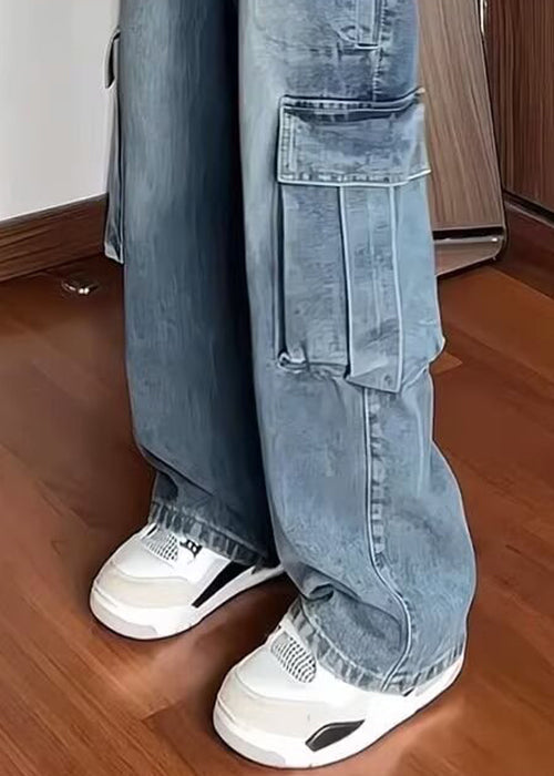Fine Blue Pockets High Waist Denim Straight Pants Spring