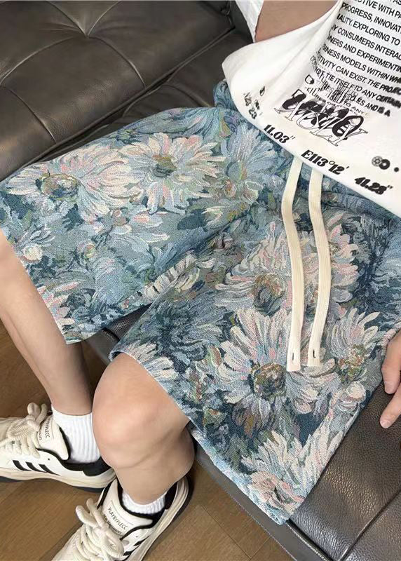 Fine Blue Pockets Print Elastic Waist Cotton Beach Shorts Summer