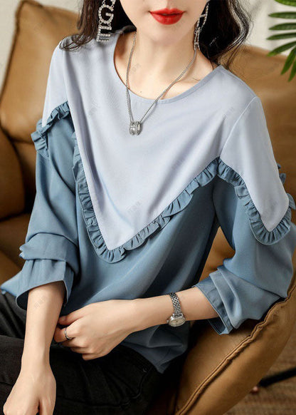 Fine Blue Ruffled Patchwork Cotton Shirts Spring