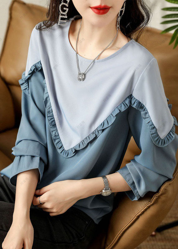 Fine Blue Ruffled Patchwork Cotton Shirts Spring