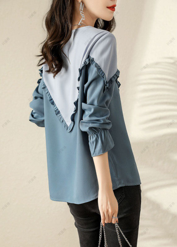 Fine Blue Ruffled Patchwork Cotton Shirts Spring