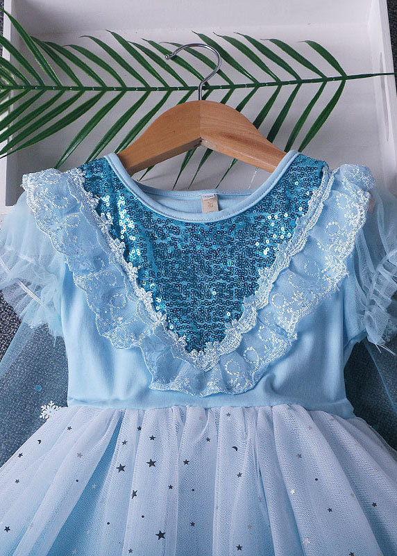 Fine Blue Ruffled Sequins Lace Patchwork Tulle Baby Princess Dress Summer