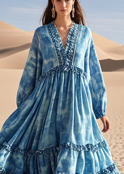 Fine Blue Ruffled Tie Dye Exra Large Hem Cotton Dress Spring