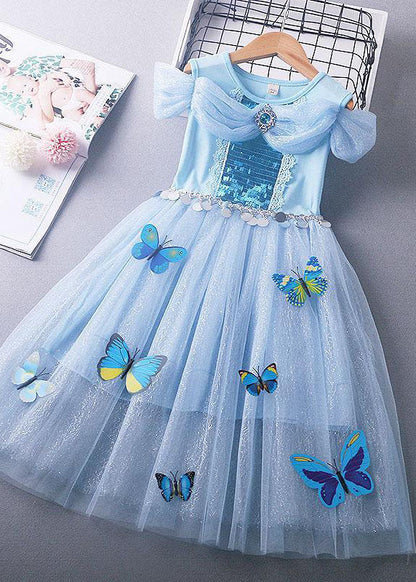 Fine Blue Sequins Wrinkled Patchwork Tulle Kids Princess Dress Summer