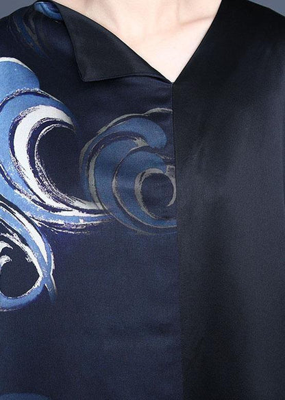 Fine Blue V Neck Asymmetrical Design Summer Silk Ankle Dress