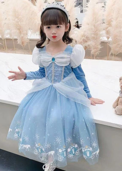 Fine Blue Wrinkled Cartoon Patchwork Tulle Kids Princess Dress Fall