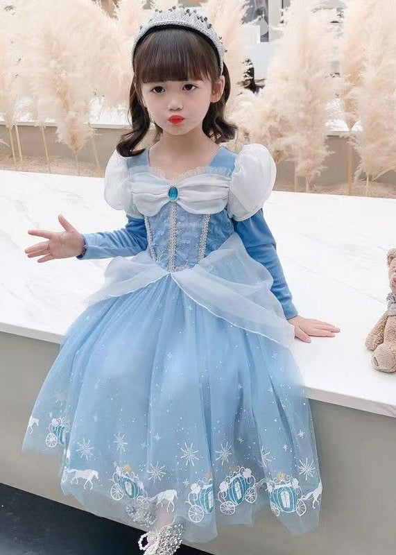 Fine Blue Wrinkled Cartoon Patchwork Tulle Kids Princess Dress Fall