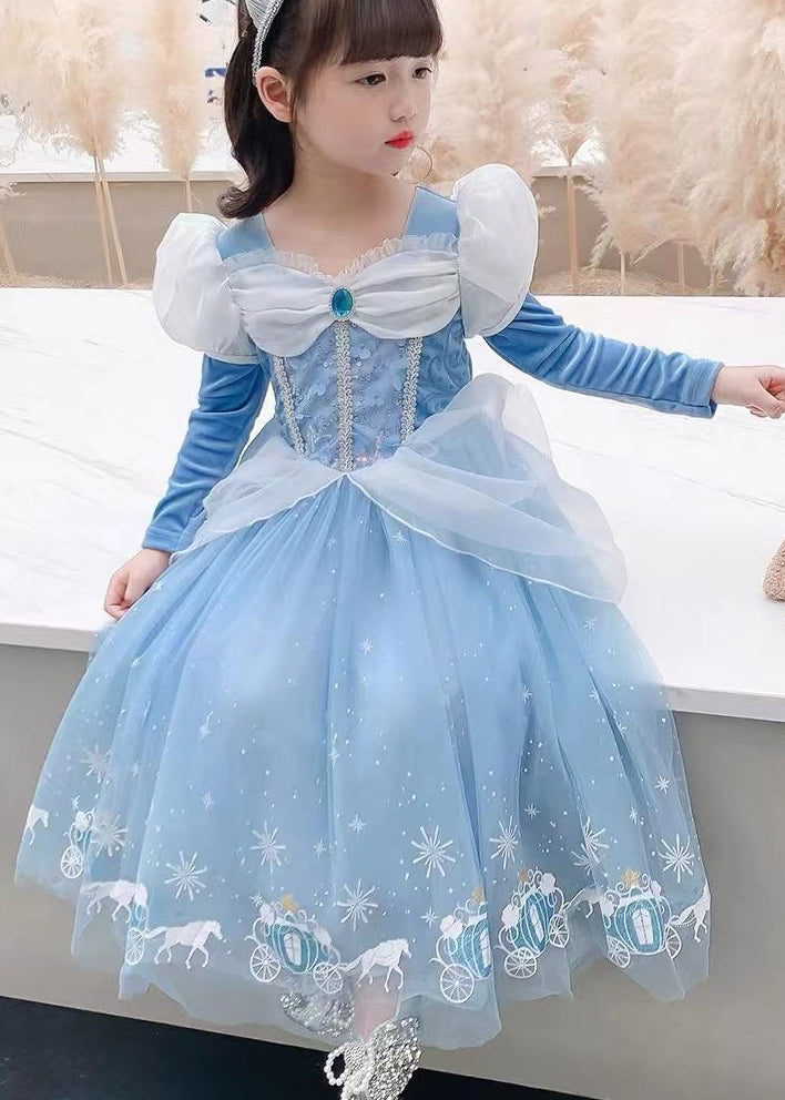 Fine Blue Wrinkled Cartoon Patchwork Tulle Kids Princess Dress Fall