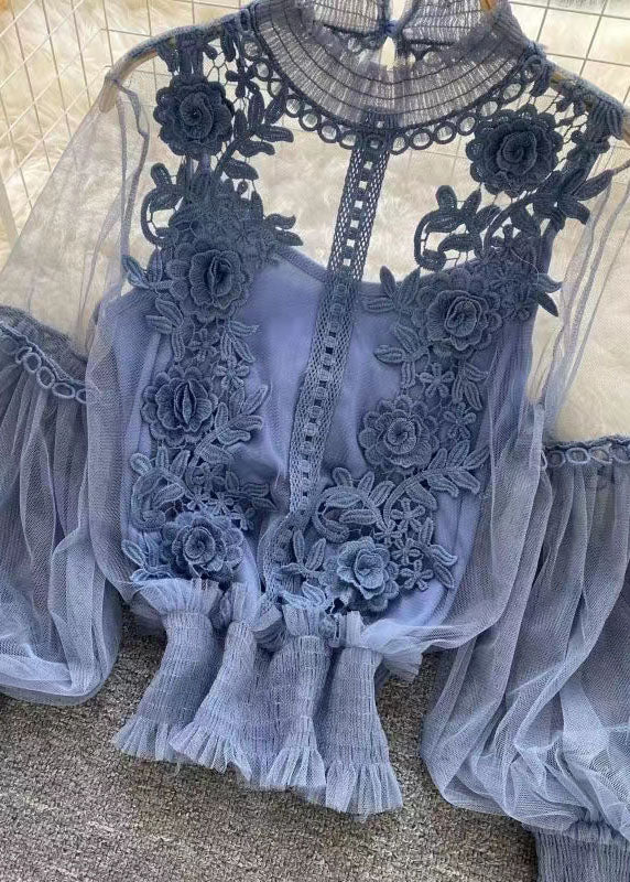 Fine Blue Wrinkled Patchwork Tulle Top Spring
