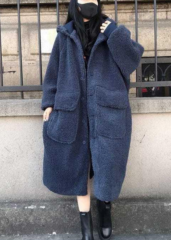 Fine Blue Hooded Loose Winter Long Sleeve Trench Coats