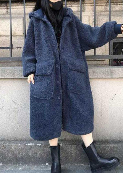 Fine Blue Hooded Loose Winter Long Sleeve Trench Coats