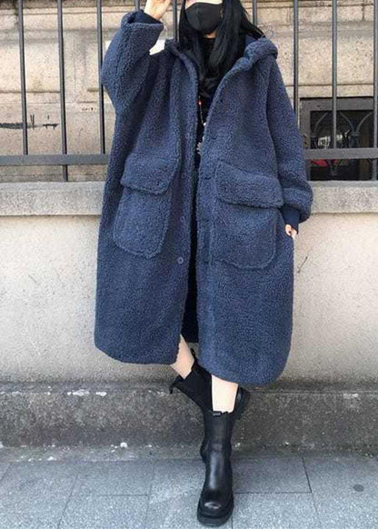 Fine Blue Hooded Loose Winter Long Sleeve Trench Coats