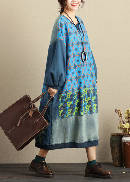 Fine Blue Pockets Print Patchwork Loose Jumpsuit Spring