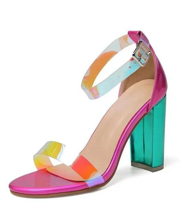Fine Buckle Strap Splicing Chunky High Heels Sandals for Colorblock Faux Leather