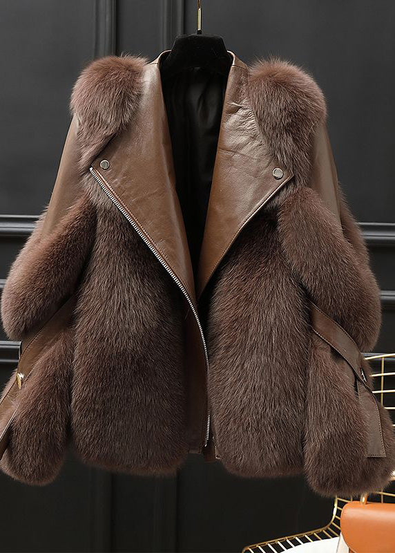 Fine Chocolate Fox Collar Zippered Leather and Faux Fur Coats Winter