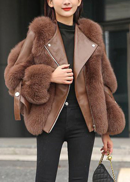 Fine Chocolate Fox Collar Zippered Leather and Faux Fur Coats Winter