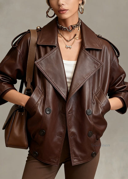 Fine Chocolate Peter Pan Collar Double Breast Sheepskin Jacket Spring
