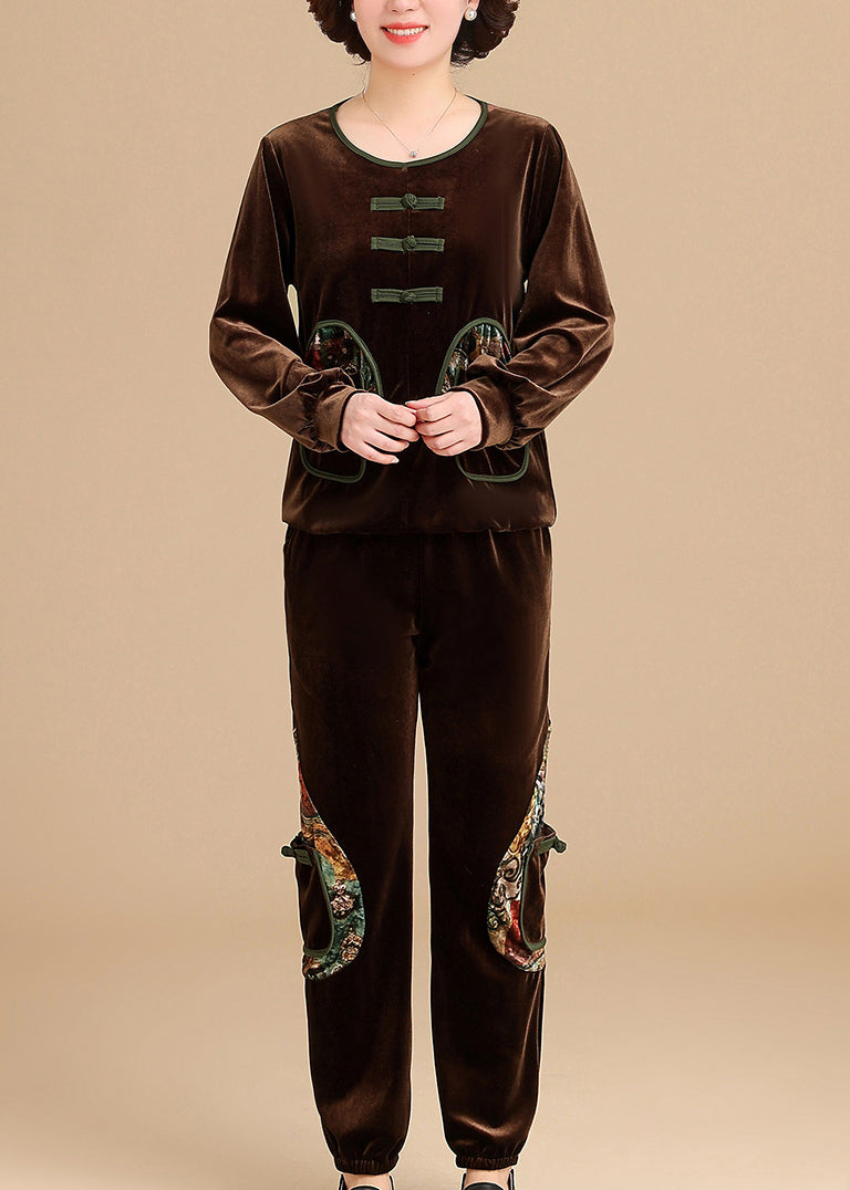 Fine Coffee O-neck Patchwork Silk Velour Top and Beam Pants Two Pieces Set Long Sleeve