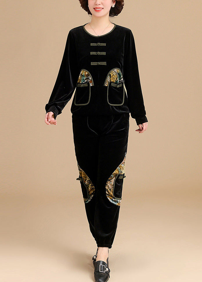 Fine Coffee O-neck Patchwork Silk Velour Top and Beam Pants Two Pieces Set Long Sleeve