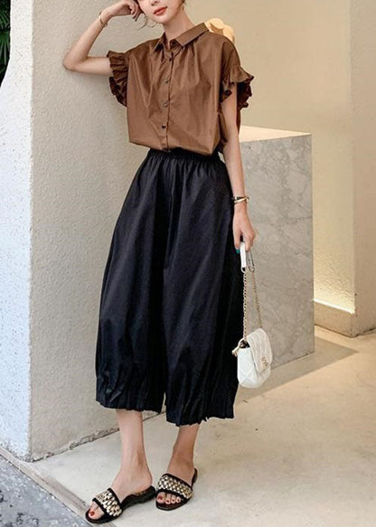Fine Coffee Peter Pan Collar Button Top and Crop Pants Two Pieces Set Summer