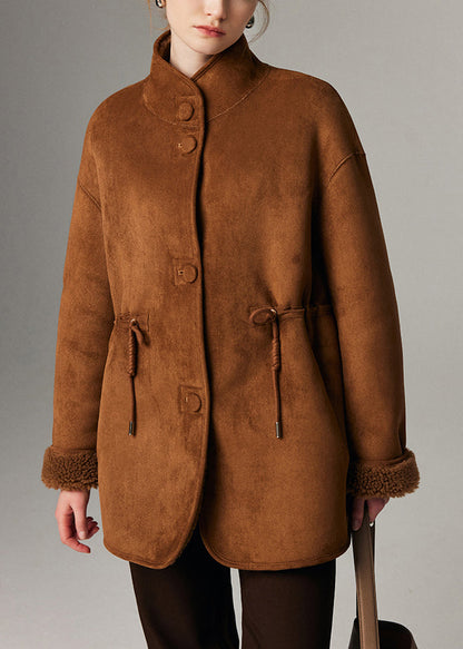 Fine Coffee Stand Collar Pockets Fleece Wool Leather and Fur Lined Coat Winter