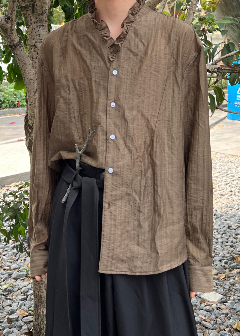 Fine Coffee V Neck Button Cotton Shirts
