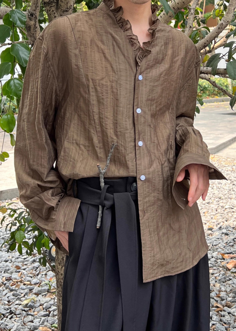 Fine Coffee V Neck Button Cotton Shirts