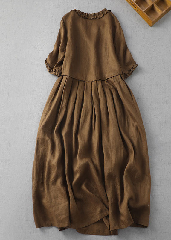 Fine Green Cashew Nuts V Neck Ruffled Patchwork Linen Dress Summer