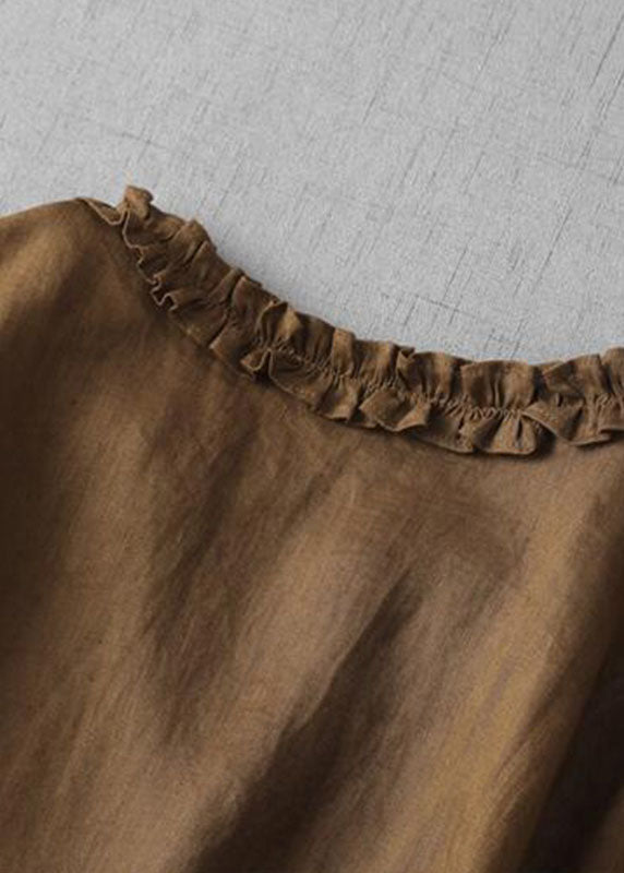 Fine Green Cashew Nuts V Neck Ruffled Patchwork Linen Dress Summer