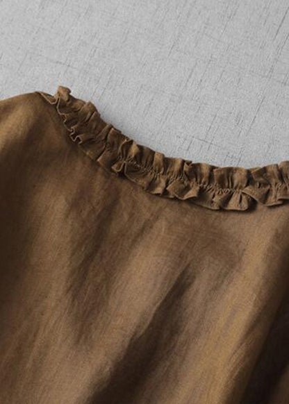 Fine Green Cashew Nuts V Neck Ruffled Patchwork Linen Dress Summer
