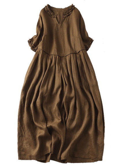 Fine Green Cashew Nuts V Neck Ruffled Patchwork Linen Dress Summer
