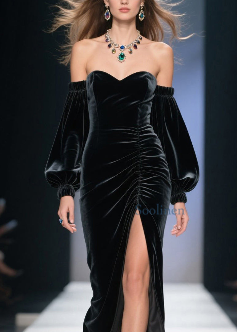 Fine Cold Shoulder Side Open Velvet Long Dress Spring