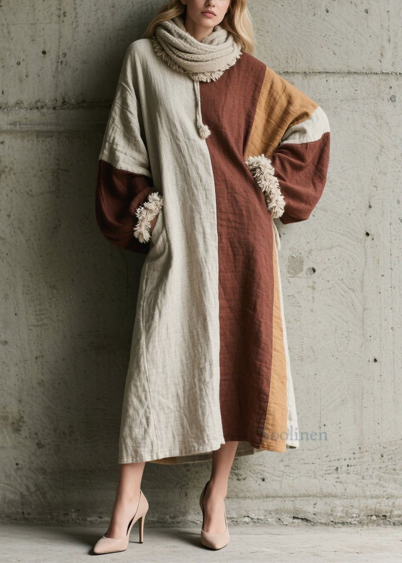 Fine Colorblock Pockets Patchwork Cotton Long Dress Fall