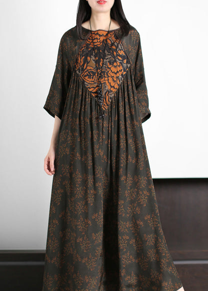 Fine Dark Green O-neck Patchwork Print Wrinkled Party Silk Long Dress Summer