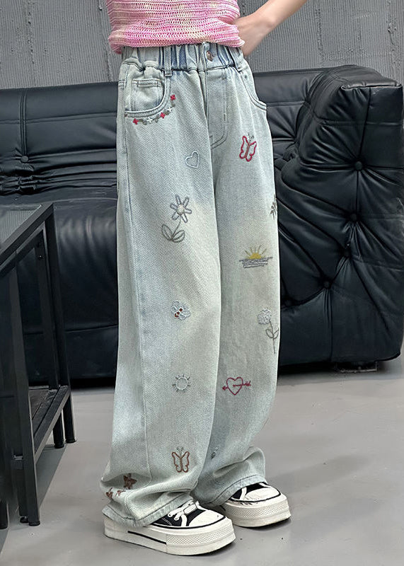 Fine Denim Blue Print Elastic Waist Straight Pants Spring