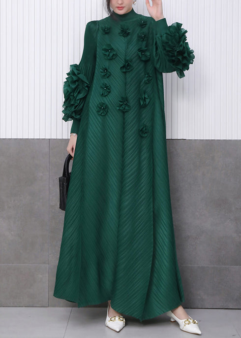 Fine Emerald Decorated Dinner Dress Pleated Texture Scallop Trim