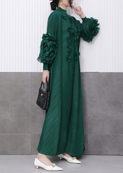 Fine Emerald Decorated Dinner Dress Pleated Texture Scallop Trim