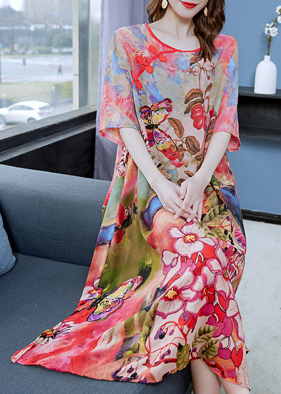 Fine O Neck Chinese Button Patchwork Chiffon Mid Dress Summer