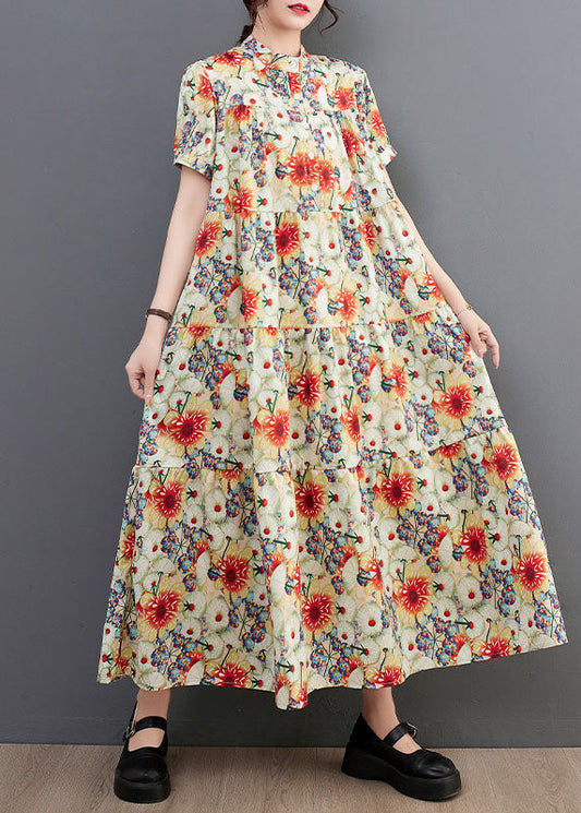 Fine Print Stand Collar Exra Large Hem Cotton Shirt Dresses Summer