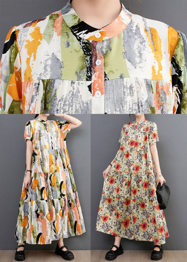 Fine Print Stand Collar Exra Large Hem Cotton Shirt Dresses Summer