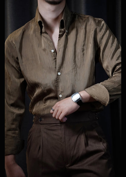 Fine Gold Peter Pan Collar Solid Silk Mens Shirts Long Sleeve