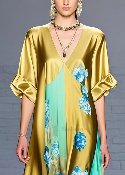 Fine Golden V Neck Patchwork Print Silk Dress Summer