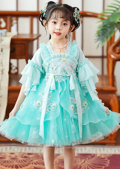 Fine Green Embroideried Patchwork Tie Waist Tulle Baby Mid Dress Flare Sleeve