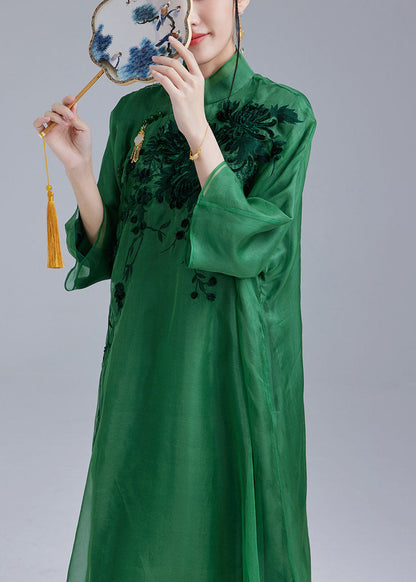 Fine Green Mandarin Collar Embroideried Tulle Silk a Line Dress Bracelet Sleeve